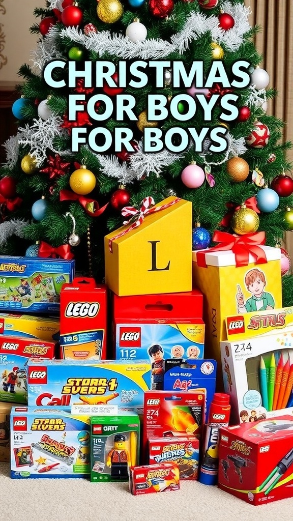 A collection of Christmas gifts for boys, featuring toys and books, under a Christmas tree.